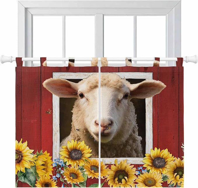 Sheep Sunflower Kitchen Curtains 45 Inch Length, Short Cafe Window Curtains Tab by Unknown