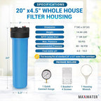 Max Water 20" x 4.5" Whole House Water Filter Housing, Big Filter Blue - Image 2
