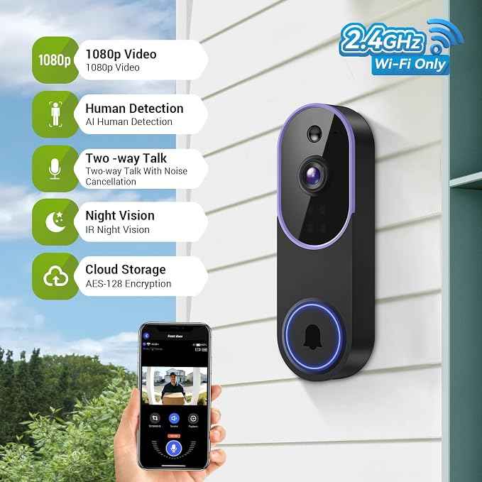 1080P Wireless Video Doorbell Camera, Smart Outdoor Surveillance Cam, FHD Live