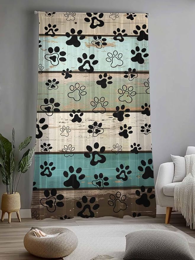 Sheer Curtains 96 Inches Long, Sage Green Brown Paw Prints Semi Sheer Curtains - Image 2