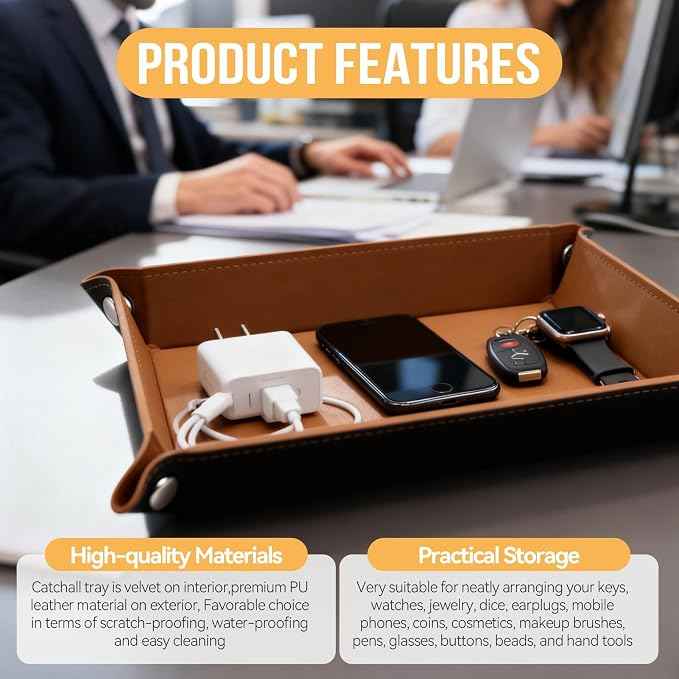PU Leather Jewelry Valet Tray for Women and Men, Premium Catchall Tray for Keys