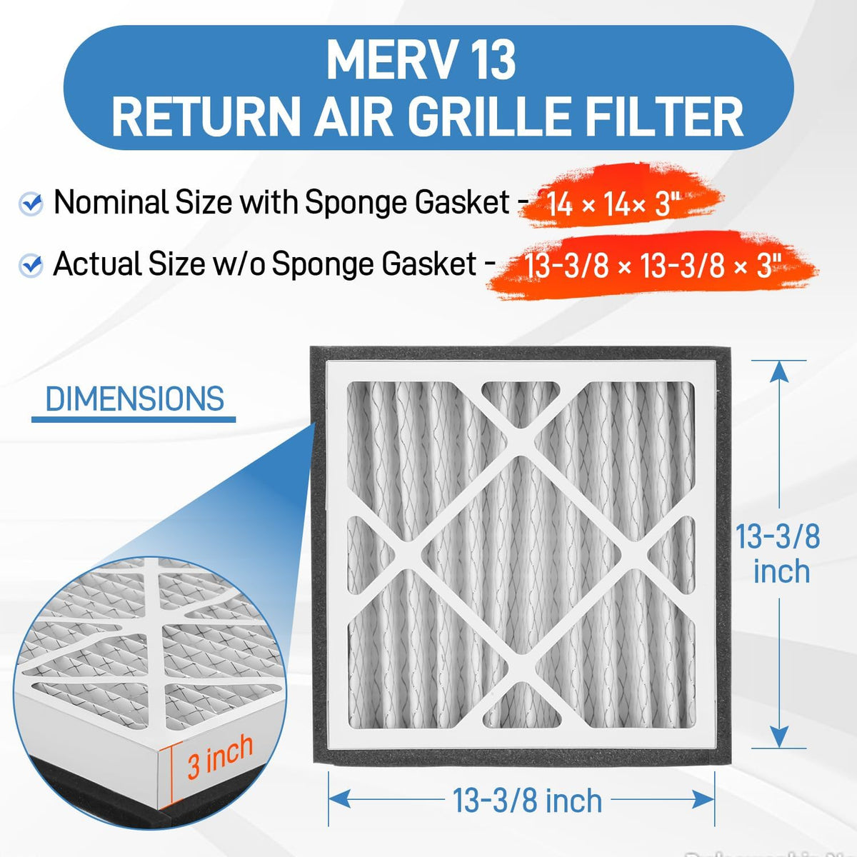 14x14x3 MERV 13 Pleated Air Filter Compatible with Zephyr VGF Series