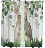 Easter Kitchen Curtains, Country Rabbit Botanical Leaves Wooden Grain Light by Unknown