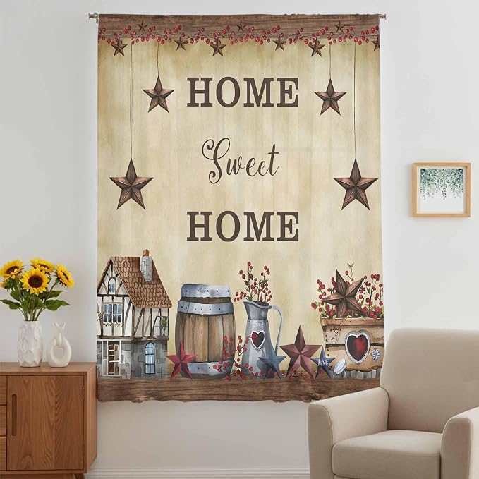 Farm Sheer Curtains 84 Inch Length American Country Barn Star Vintage Berry - Image 5