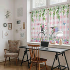 Spring Kitchen Curtains, Bicycles Leaves Butterfly Flowers Pink Buffalo Plaid - Image 6