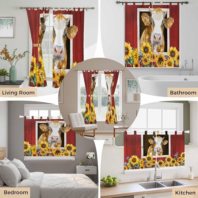 Cows Sunflowers Bedroom Curtains 72 Inch Length, Window Curtains Tab Top - Image 7