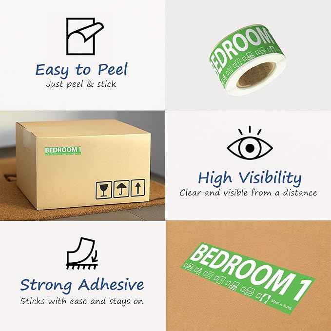 750 Moving Labels for 4 Bedroom Home — Color-Coded Room Stickers & Fragile