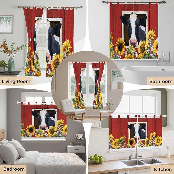 Cow Sunflowers Bedroom Curtains 63 Inch Length, Window Curtains Tab Top - Image 7
