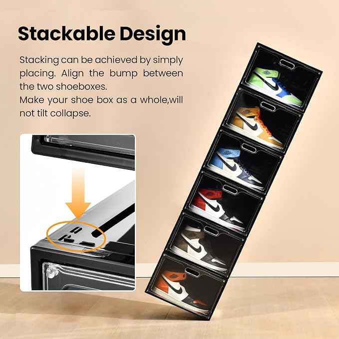 8 Pack Shoe Boxes Black Plastic Stackable, Large Shoe Storage Organizer