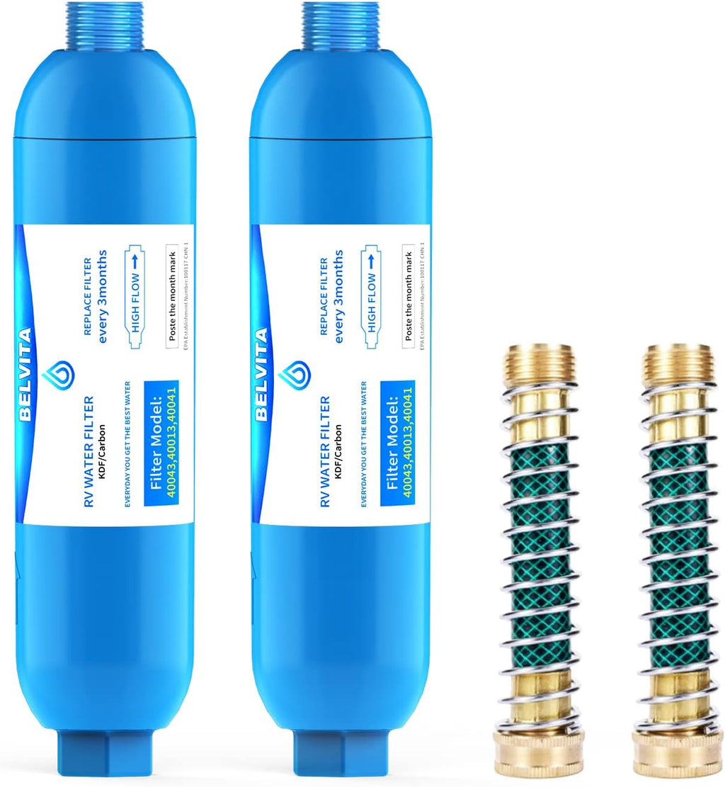 BELVITA 2 Pack RV Water Filter with 2 Flexible Hose Protector