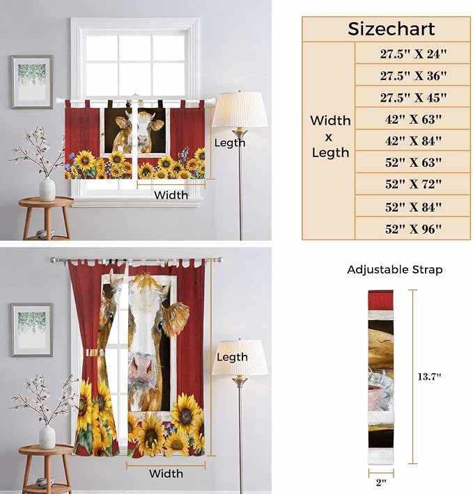 Cows Sunflowers Kitchen Curtains 45 Inch Length, Short Cafe Window Curtains Tab - Image 8