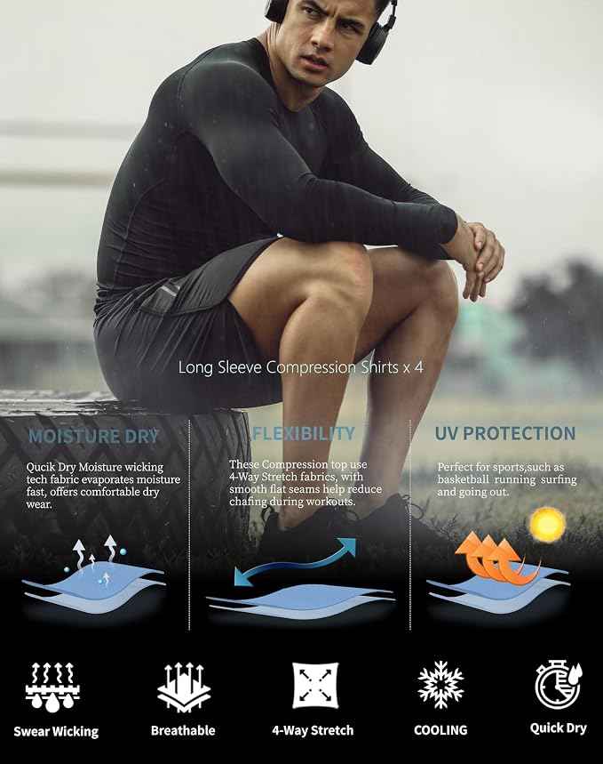 5 or 4 Pack Compression Shirts for Men Long Sleeve Athletic Base Layer
