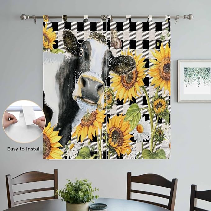 Retro Sunflowers Bathroom Curtains 63 Inch Length, Window Curtains Tab Top - Image 4