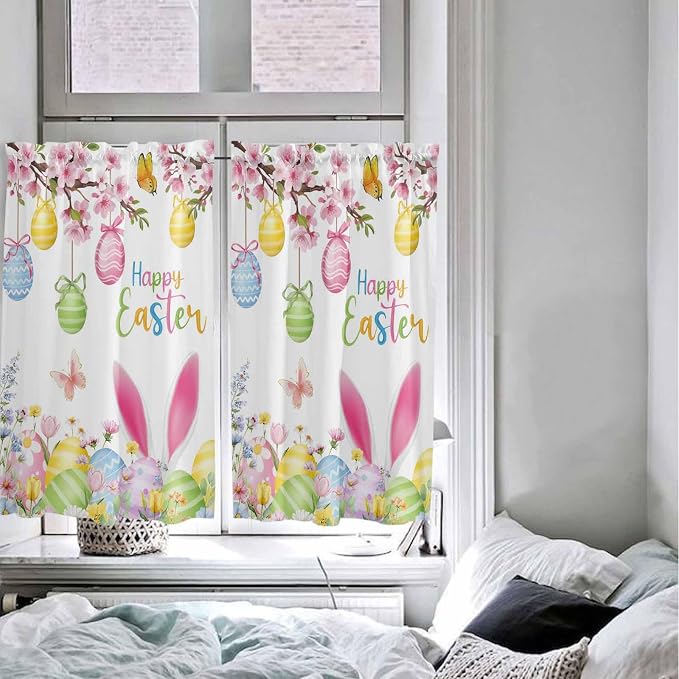 Happy Easter Kitchen Curtains 45 Inches length, Spring Watercolor Bunny Eggs - Image 5