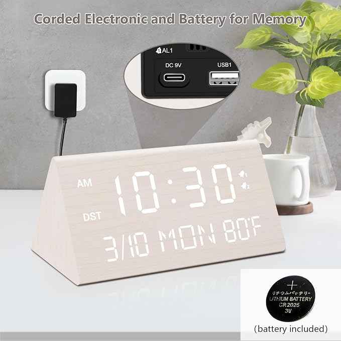 Kogonee Wooden Digital Alarm Clock, 0-100% Dimmer, 2 Alarm Settings,
