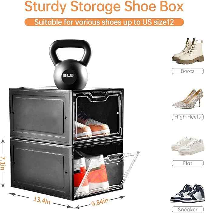12 Pack Shoe Boxes Organizer, Magnetic Door Shoe Storage Boxes, Fit up to US