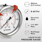 0 to 60 Psi Pressure Gauge, Glycerin Liquid Filled, 2.5 inch Dial, 1/4" NPT - Image 2