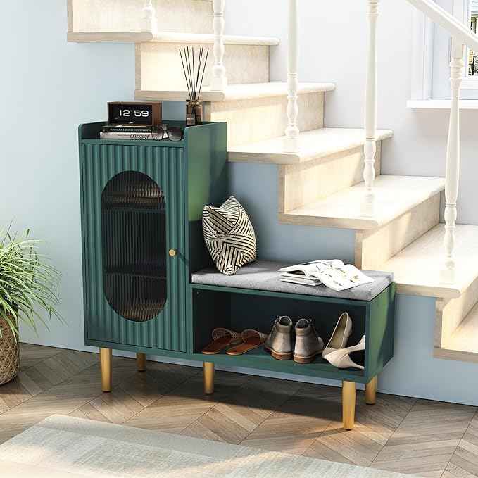 HLR Storage Bench with Glass Door&Shelf, Modern Entryway Shoe Cabinet Bench