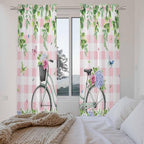 Spring Kitchen Curtains, Bicycles Leaves Butterfly Flowers Pink Buffalo Plaid - Image 4