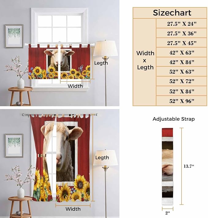 Sheep Sunflower Bedroom Curtains 72 Inch Length, Window Curtains Tab Top - Image 8