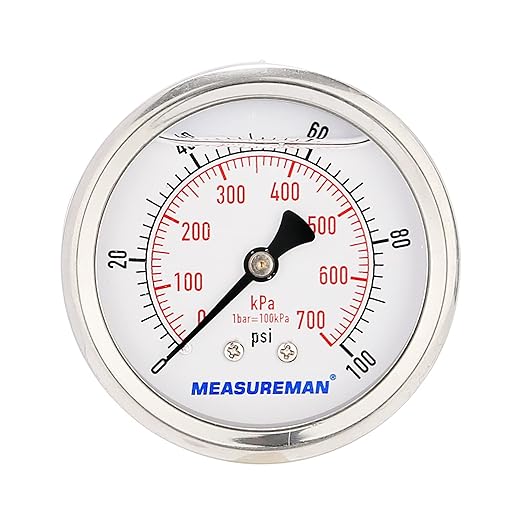 MEASUREMAN 2-1/2inch Dial Size, Glycerin Filled Pressure Gauge, 0-100psi/kpa - Image 2