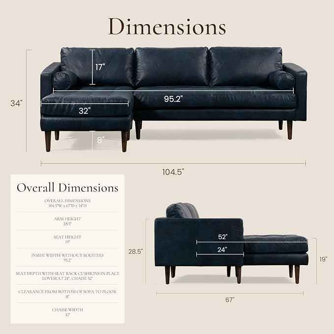 Poly & BARK Napa 104.5" Left-Facing Sectional Sofa – Midnight Blue Full-Grain