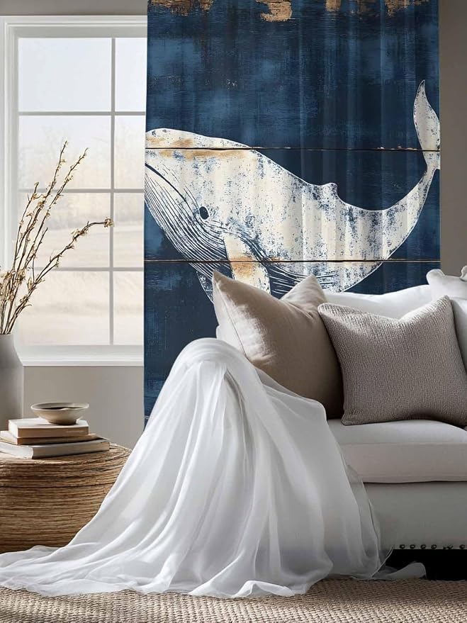 Sheer Curtains 72 Inches Long, Ocean Whale Blue Semi Sheer Curtains Light - Image 4