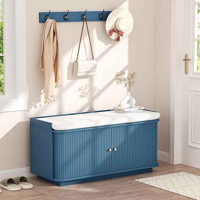 Hall Tree with Bench and Shoe Storage, Entryway Bench with Sliding Door Cabinet
