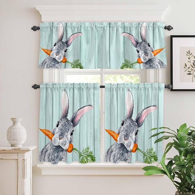 Easter Kitchen Curtain Set, Spring Rabbit Botanical Carrots Green Wooden Grain - Image 2