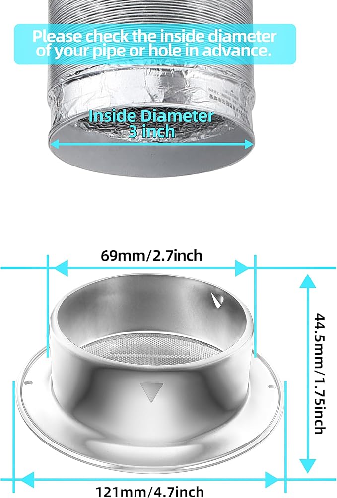 3'' Shiny Silver Paint Stainless Steel Air Vents, Louvered Grille Cover Vent - Image 2