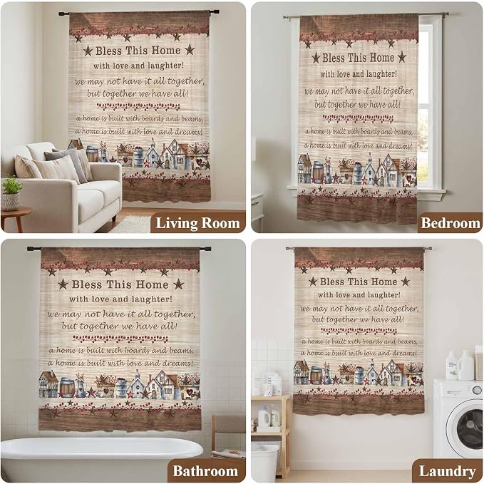 Farmhouse Sheer Curtains 84 Inch Length Brown Country Star Berry Vintage Wood - Image 7