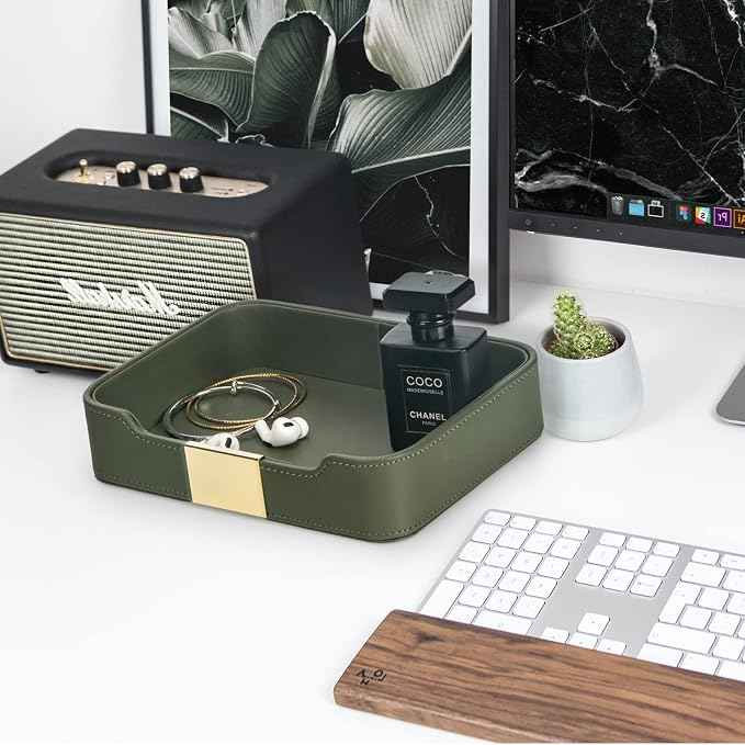 SANZIE Luxury Leather Tray Desktop Storage Catchall Organizer Decorative Tray