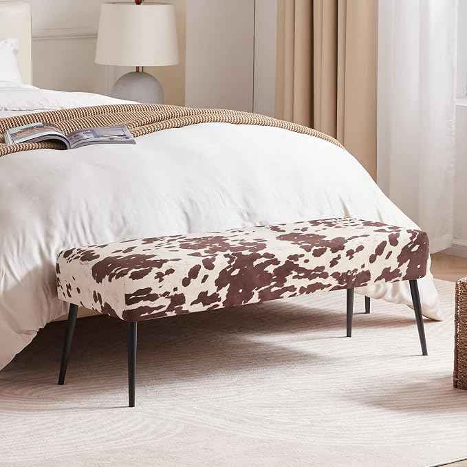 DUHOME Velvet Bench Ottoman, Upholstered Bedroom Benches Cow Print End of Bed