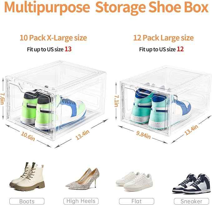 10 Pack Large Shoe Boxes Clear Plastic Stackable, Shoe Storage Organizer
