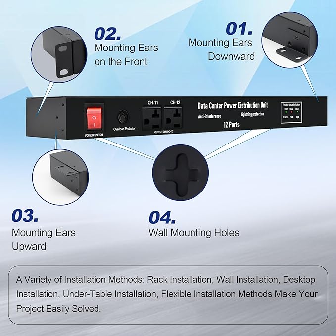 1U PDU Network Servers Surge Protector Power Distribution Unit 12-Outlet - Image 4