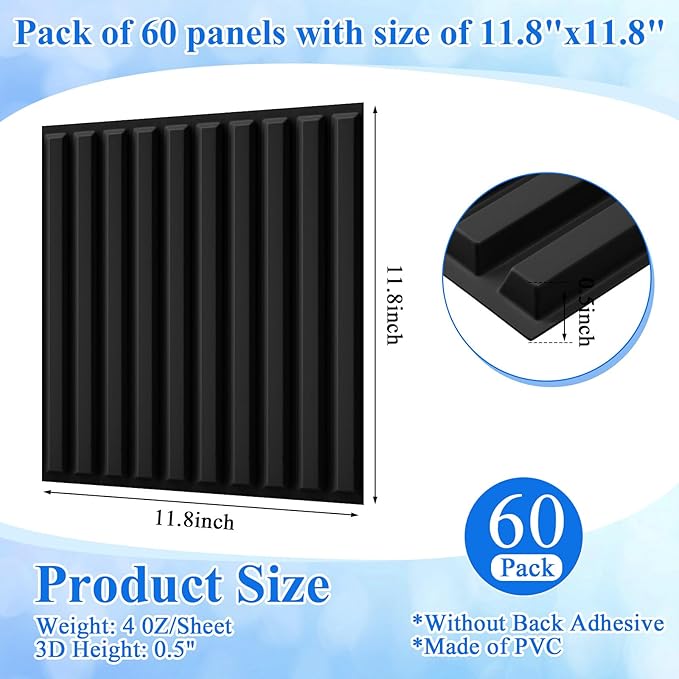 Nuanchu 60 Pcs 3D Slat Wall Panels 12 x 12 Inch PVC Fluted Textured Panel - Image 2