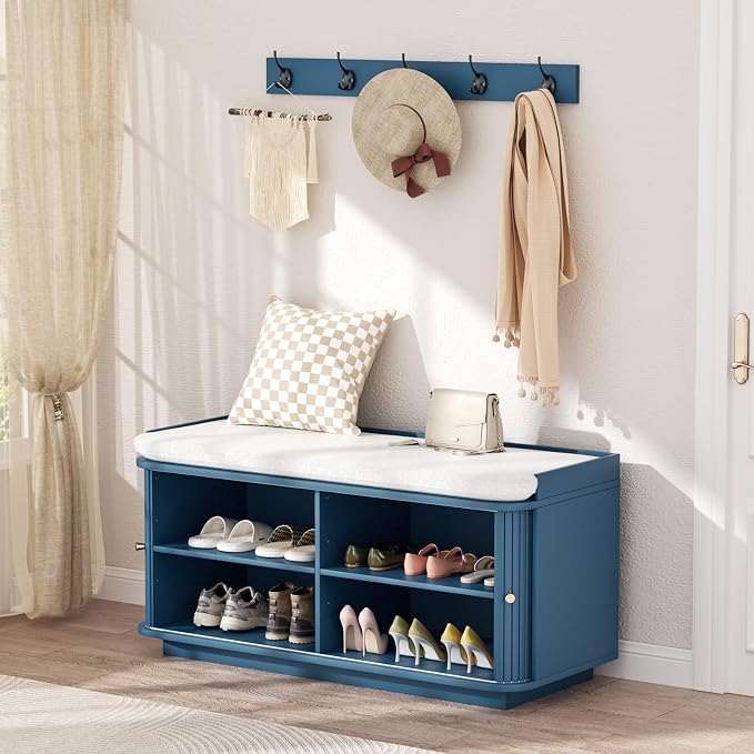 Hall Tree with Bench and Shoe Storage, Entryway Bench with Sliding Door Cabinet - Image 7