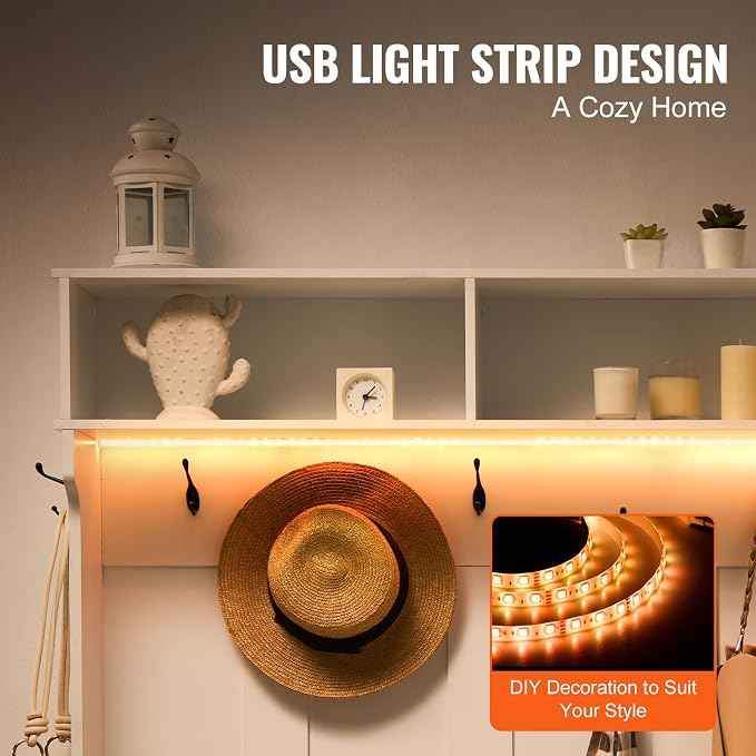 VEVOR Hall Tree Entryway Bench, LED Coat Rack