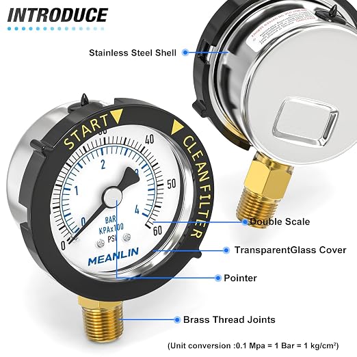 MEANLIN MEASURE 0~60Psi Stainless Steel Start and Clean Filter Pressure Gauge - Image 4