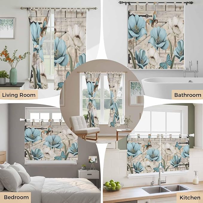 Teal Blue Tulips Living Room Curtains 84 Inch Length, Window Curtains Tab Top - Image 7
