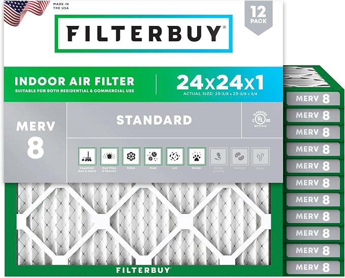 Filterbuy 24x24x1 Air Filter MERV 8 Essential Dust & Allergy Defense, by Filterbuy