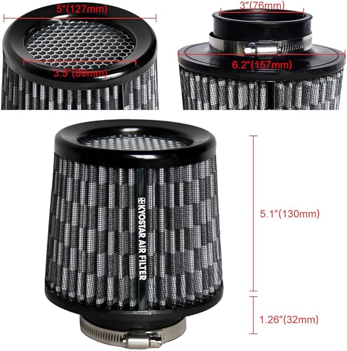 KYOSTAR Universal 3" High-Flow Air Filter, Reusable Cone Cold Air Intake - Image 2