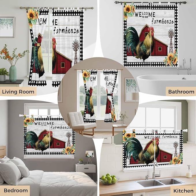 Farmhouse Rooster Kitchen Curtains 24 Inch Length, Small Window Curtains Tab Top - Image 7