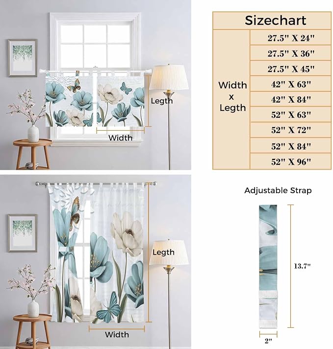 Blue Tulips Bathroom Curtains 63 Inch Length, Window Curtains Tab Top, - Image 8