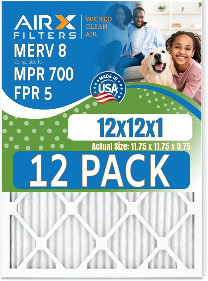 12x12x1 Air Filter MERV 8 Rating, 12 Pack of Furnace Filters Comparable to MPR by AIRXFILTERSWICKEDCLEANAIR