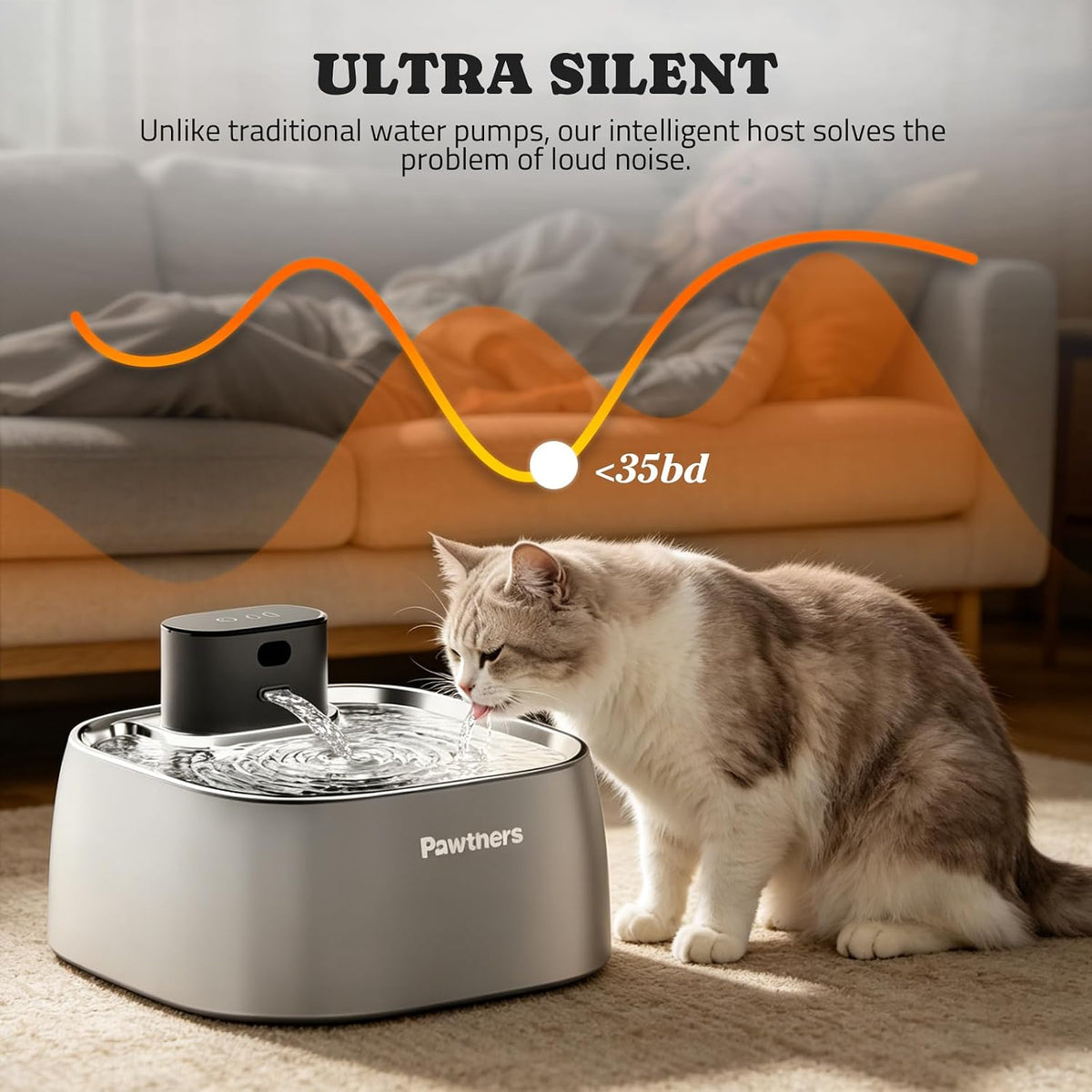 Pumpless Cat Water Fountain Stainless Steel 108oz/3.2L, 3 Modes