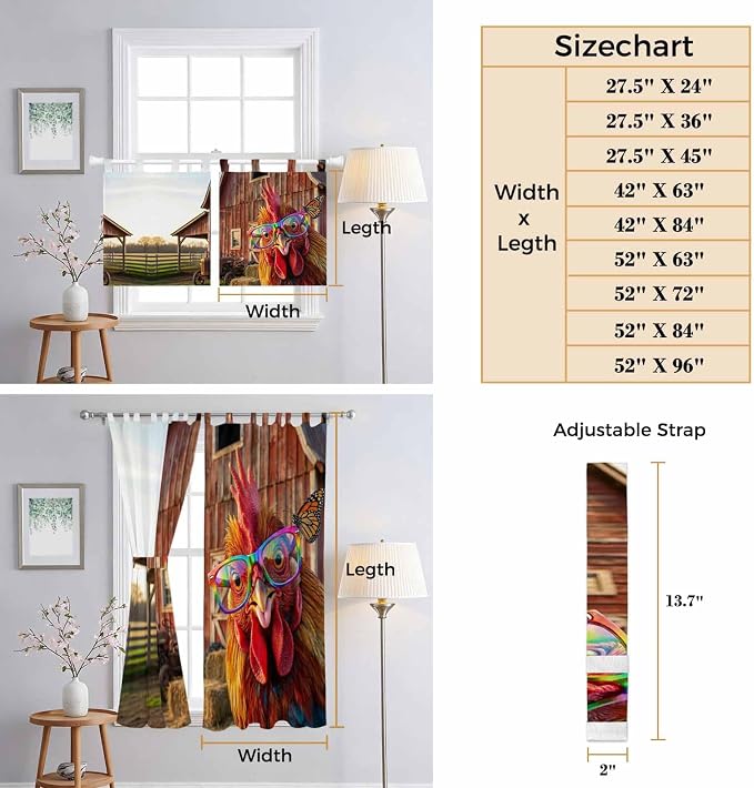 Farm Rooster Living Room Curtains 96 Inch Length, Window Curtains Tab Top - Image 8