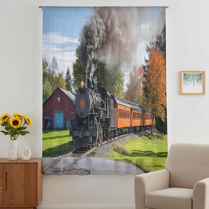 Steam Train Sheer Curtains 96 Inch Length Railroad Country Barn Rustic Trees - Image 5