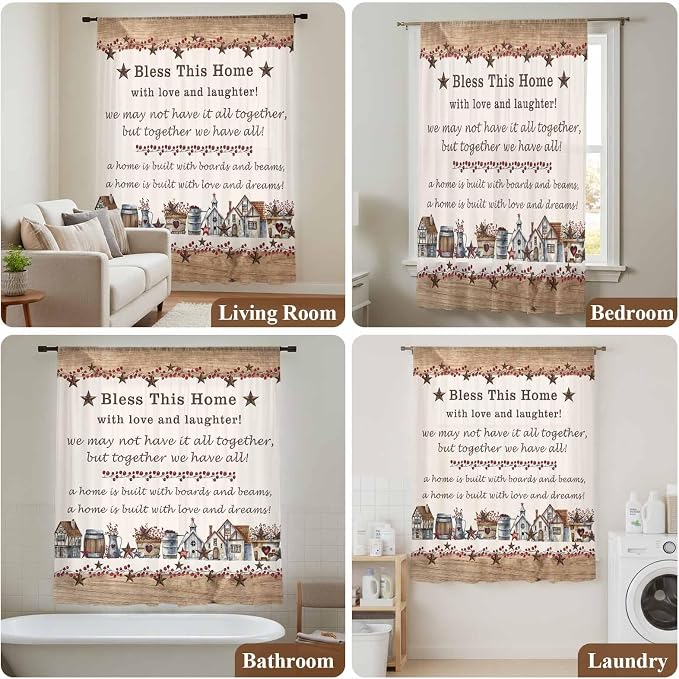 Farmhouse Sheer Curtains 72 Inch Length Country Star Barn Berry Brown Wood - Image 7