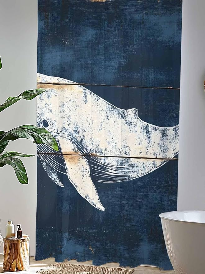 Sheer Curtains 96 Inches Long, Ocean Whale Blue Semi Sheer Curtains Light - Image 4